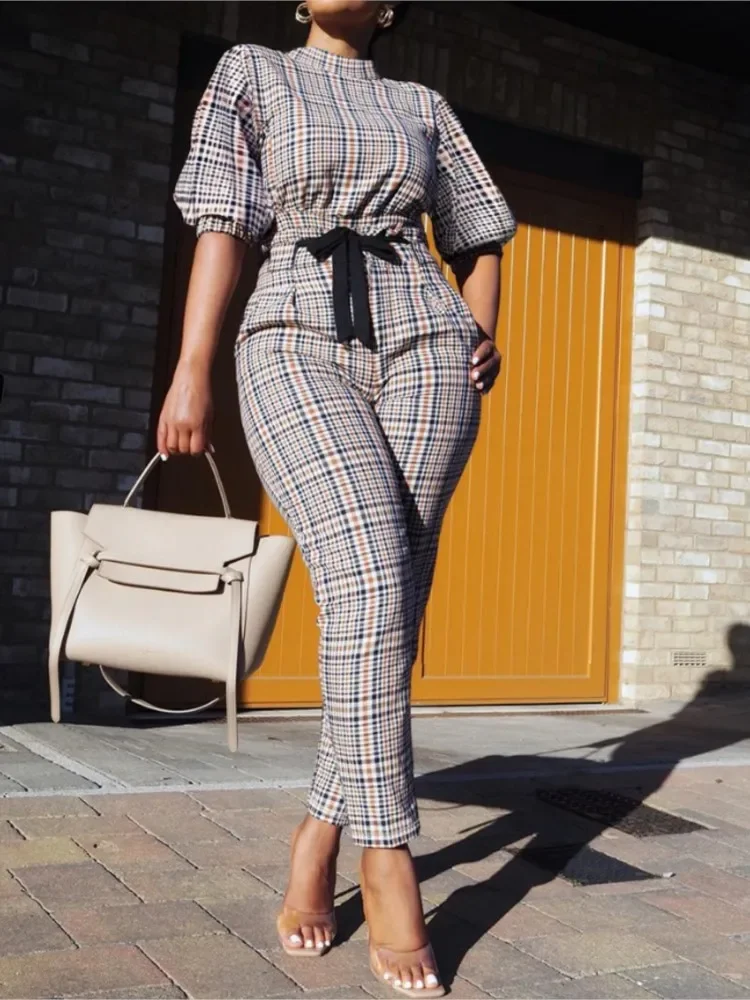 Vintage Plaid Print Two Pieces Sets Women Spring Summer Short Sleeve Top & High Waist Tied Slim Long Pants Casual Streetwear Set