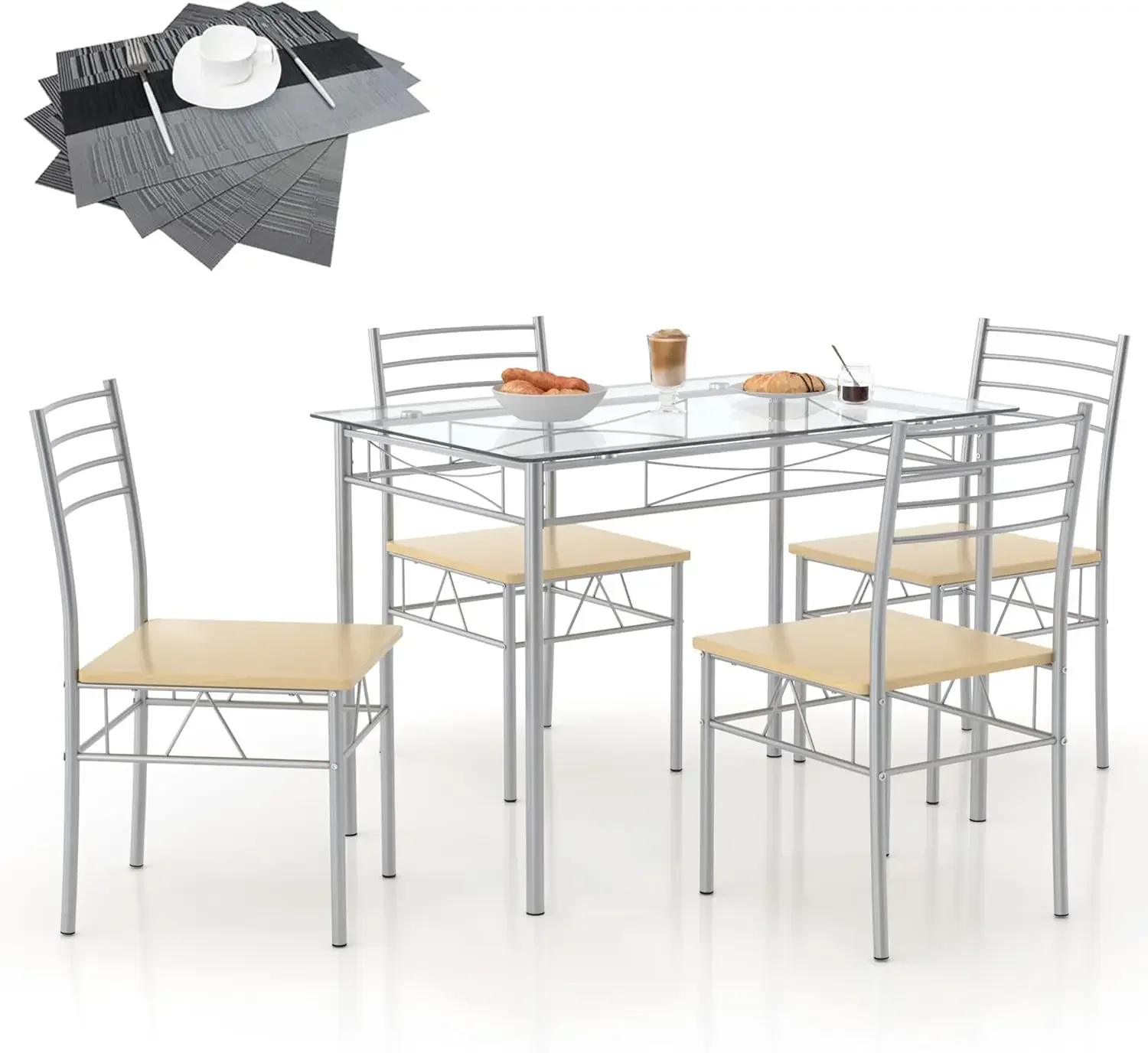 5 Piece Dining Table Set for 4 with Chairs, Glass Tabletop, Small Space, Silver