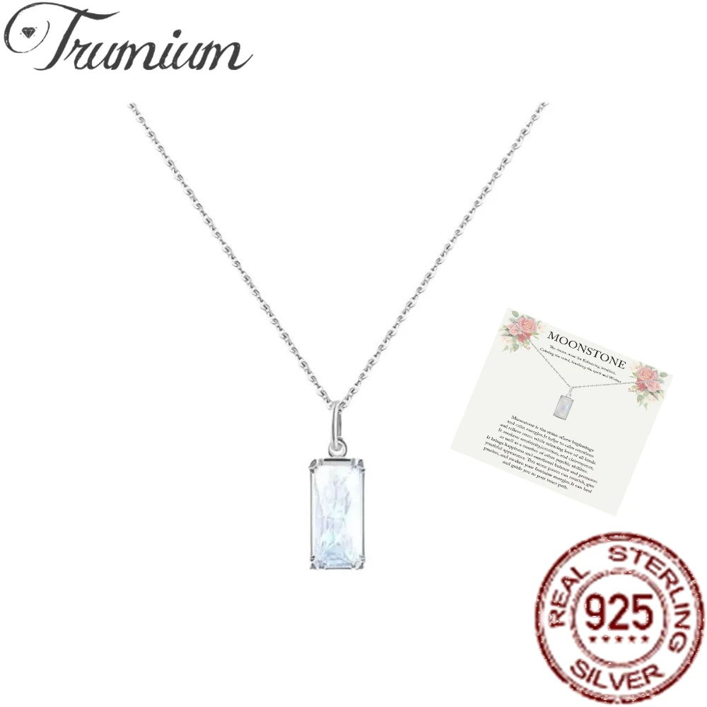 Trumium 925 Sterling Silver Rectangular Moonstone Pendant Necklaces for Women Elegant Chain with Card Jewelry Accessories Gifts
