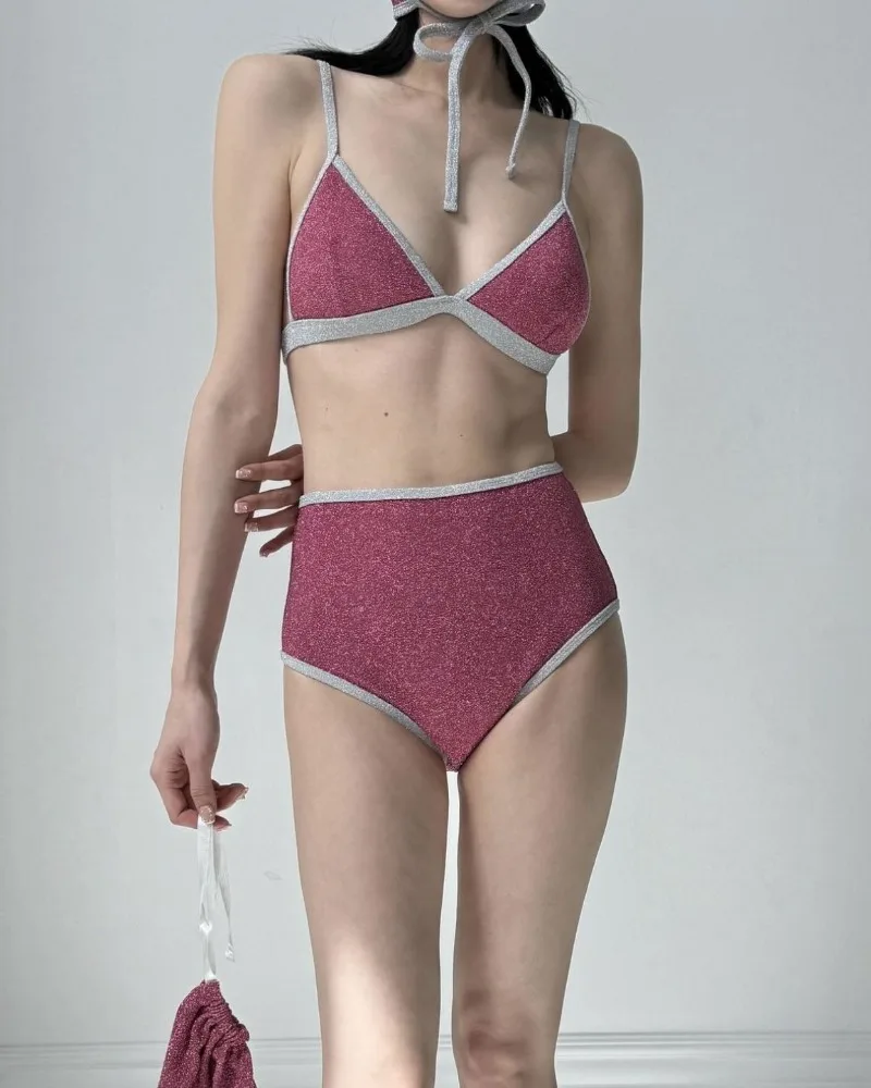 

2024, бикини из двух частей, купальник с высокой талией, женский купальник с лямкой на шее, женский купальный костюм, пляжная одежда