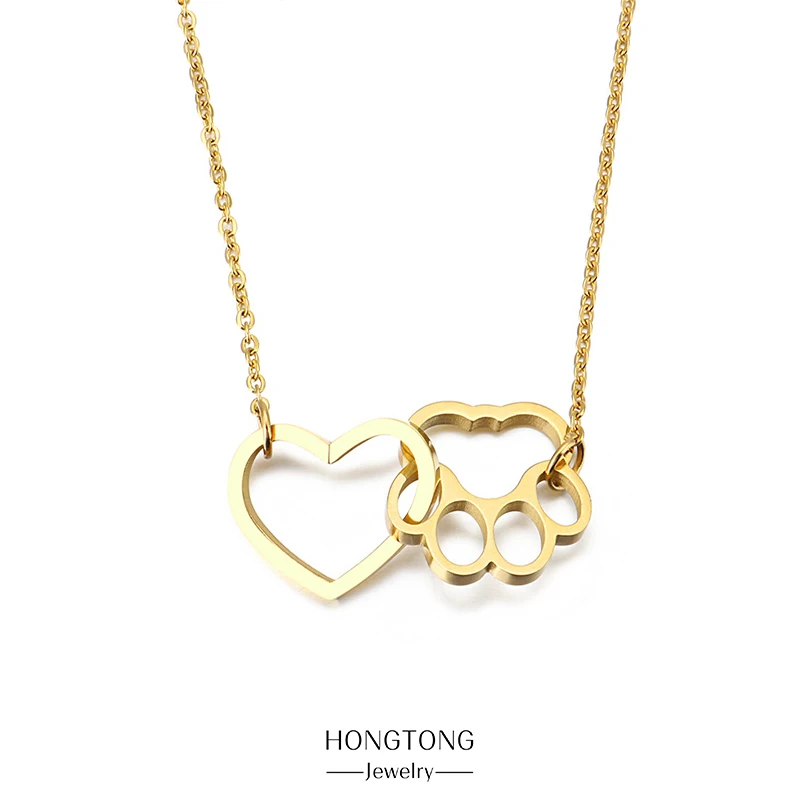 

HONGTONG Stainless Steel Dog Paw Lock Heart Pendant Necklace For Women Charm Jewelry 18K Gold Plated High Quality Accessories