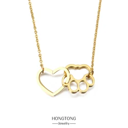 HONGTONG Stainless Steel Dog Paw Lock Heart Pendant Necklace For Women Charm Jewelry 18K Gold Plated High Quality Accessories