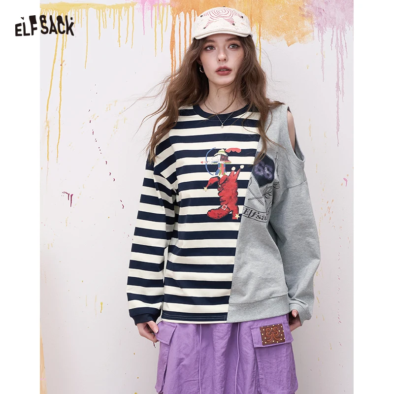 ELFSACK Preppy Striped Long Sleeve T-Shirt with Asymmetrical Shoulder Cutout, Graphic Colorblock Contrast Stitch Tee