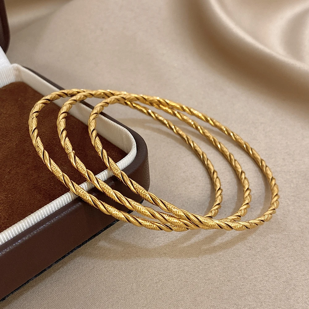 Freetry بسيط مكدسة الجولة الفولاذ المقاوم للصدأ الإسورة سوار المرأة الرجعية الذهب اللون الكفة رقيقة سوار مقاوم للماء اليد مجوهرات #3