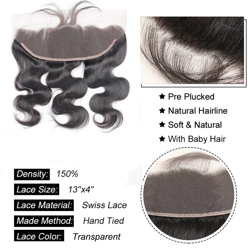 Cierre Frontal de encaje de onda corporal, cabello humano Natural, negro, 13x4, 13x6, 4x4, 5x5, 6x6, prearrancado