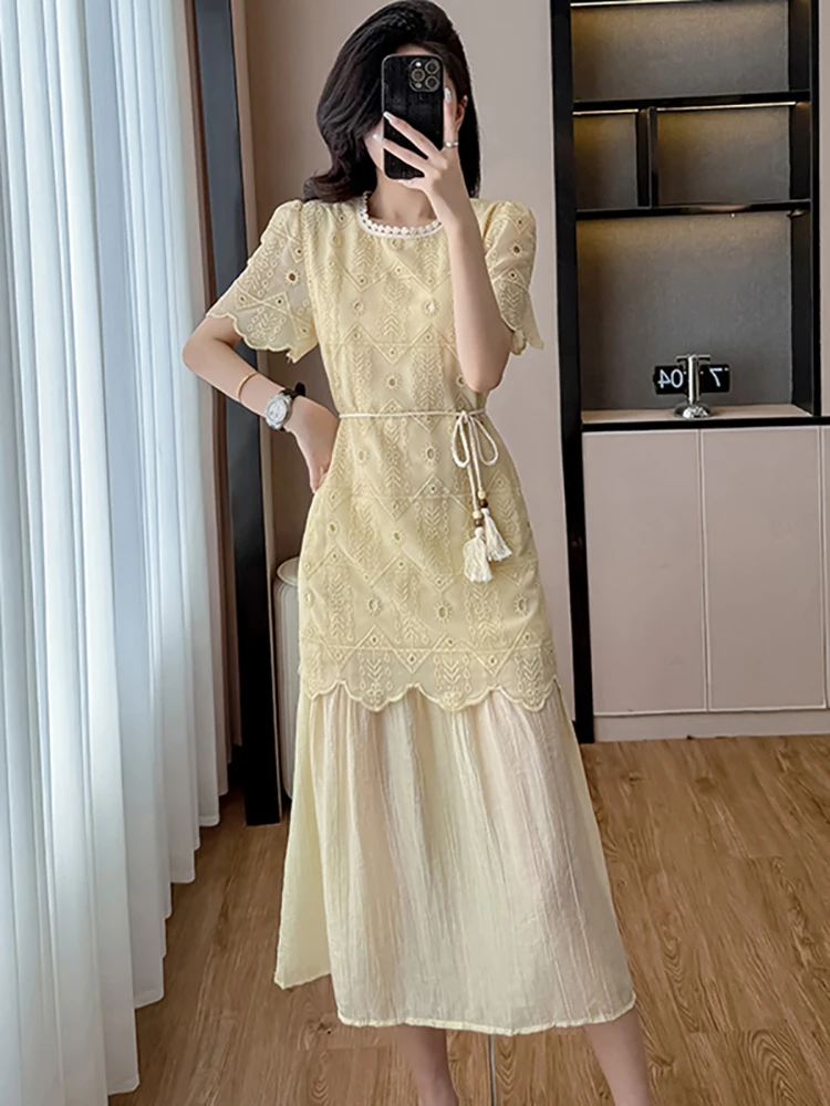 

Women Fashion Emboridery Jacquard Lace Prom Dress Summer Elegant Bodycon Casual Dress 2025 Korean Vintage Luxury One Piece Dress