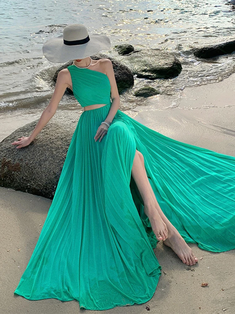 Green Elegant One Shoulder Slim Party Evening Long Dress Women Sexy Club Off Shoulder Summer Fashion High Waist Split Dress Chic