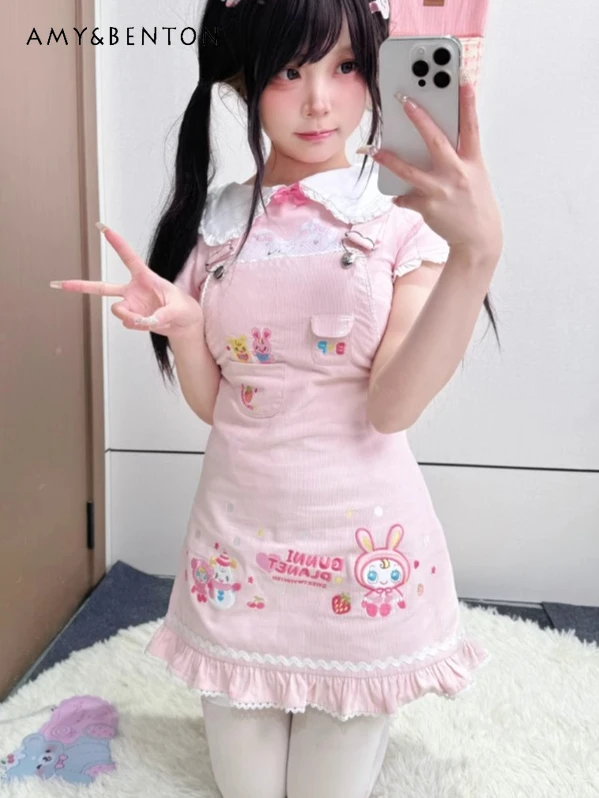 الحبيب الحمالة سترة تنورة الصناعة الثقيلة رائعة الكرتون التطريز الحلو كشكش حافة سترة فستان Kawaii سليم فستان قصير