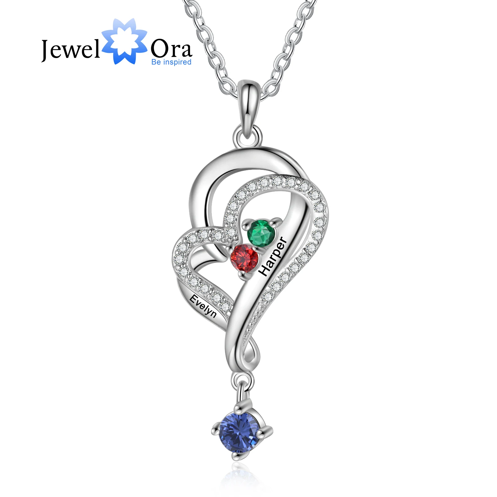 

Personalized Engraved Name Necklace with 3-5 Birthstones Customized Classic Heart Pendant with Zirconia Christmas Gifts for Her