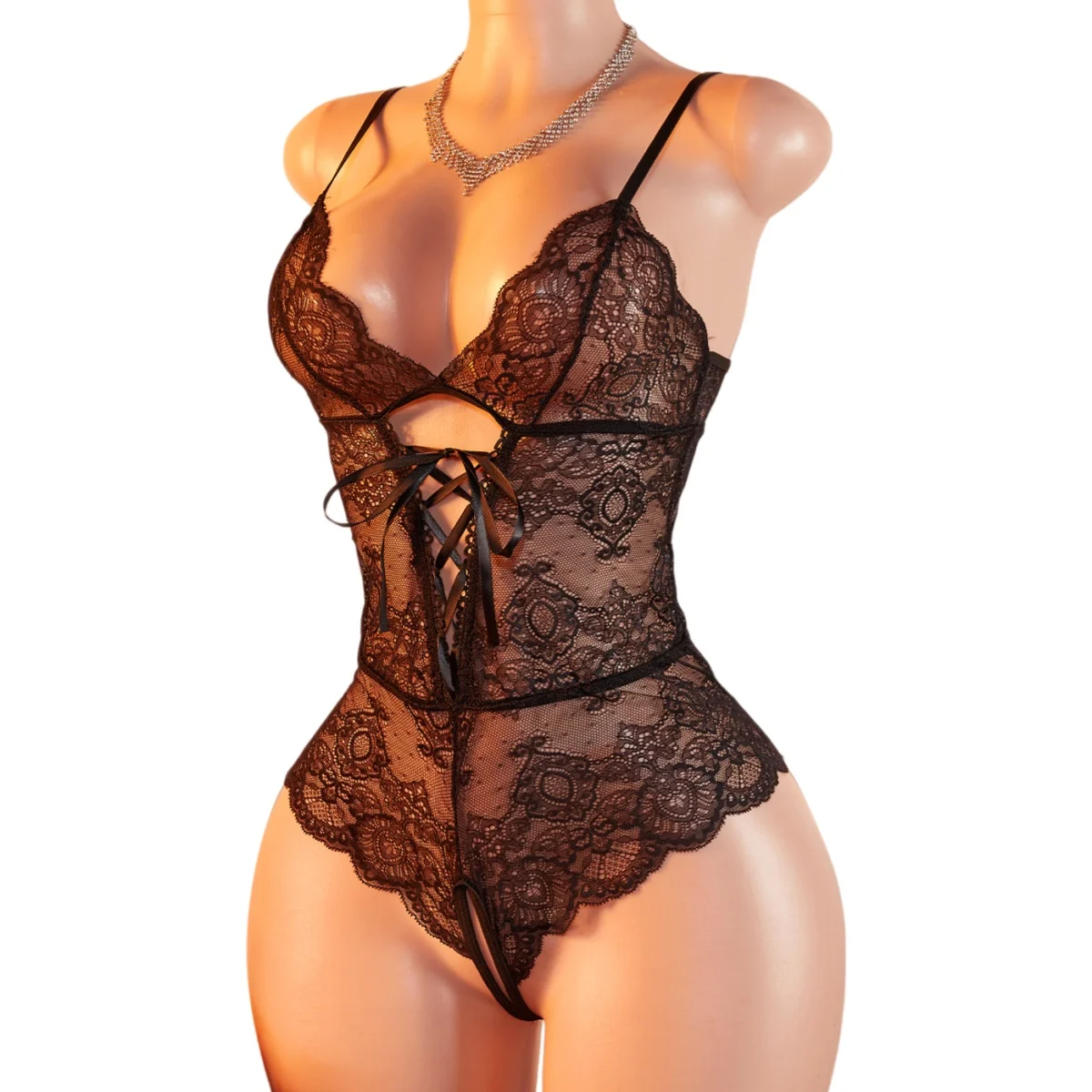 Sexy Crotchless Lingerie Women Lace Hollow Out Bodysuit Erotic Pajamas Teddy Babydolls Dress Babydoll Stripper Outfit Underwear