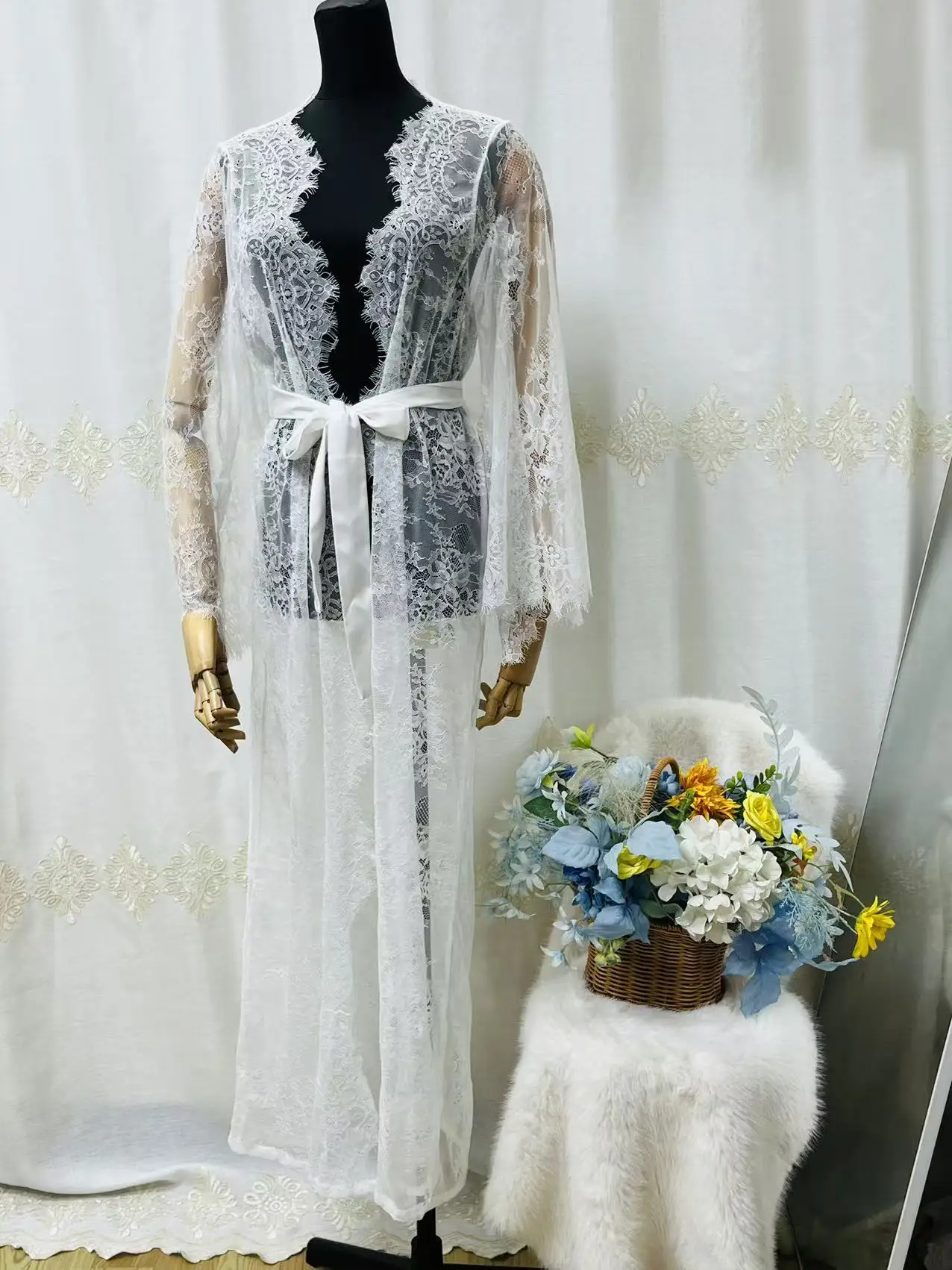 Elegant Full-Length Lace Embroidered Robe for Women Bridal Morning Boudoir Lingerie Lounge Kimono Female White Nightwear Pajamas image 3