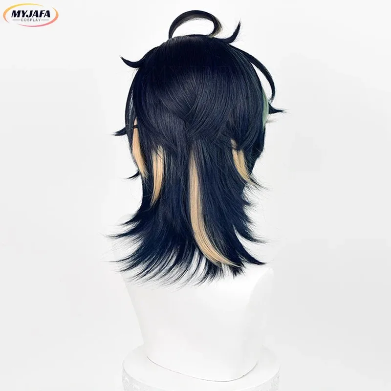 Peluca de Cosplay Kinich, pelo sintético corto trenzado resistente al calor con reflejos negros, verdes y dorados, pelucas de Anime para Halloween + gorro de peluca