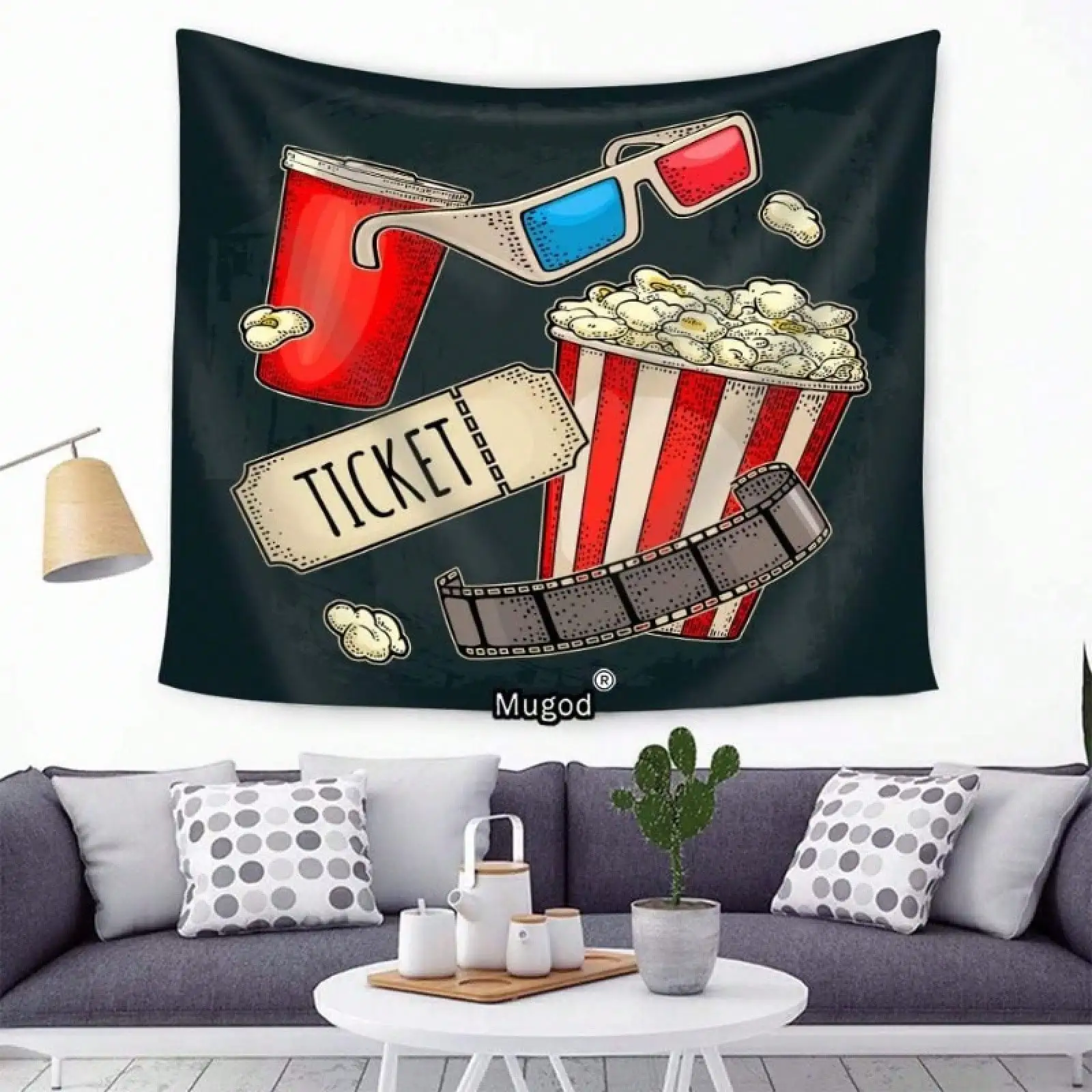 Cinema Theme Wall Tapestry -Vintage Movie Night Decor 3D Glasses Popcorn Ticket Print Retro Film Fan Room Hanging Multiple Sizes