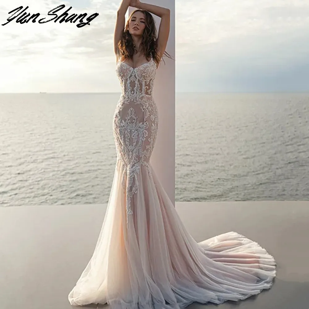 YunShang Sexy Wedding Dress Mermaid Lace Beach Bride Gown V neck Spaghetti Straps Corset Vestidos De Novia Customize Real Photos