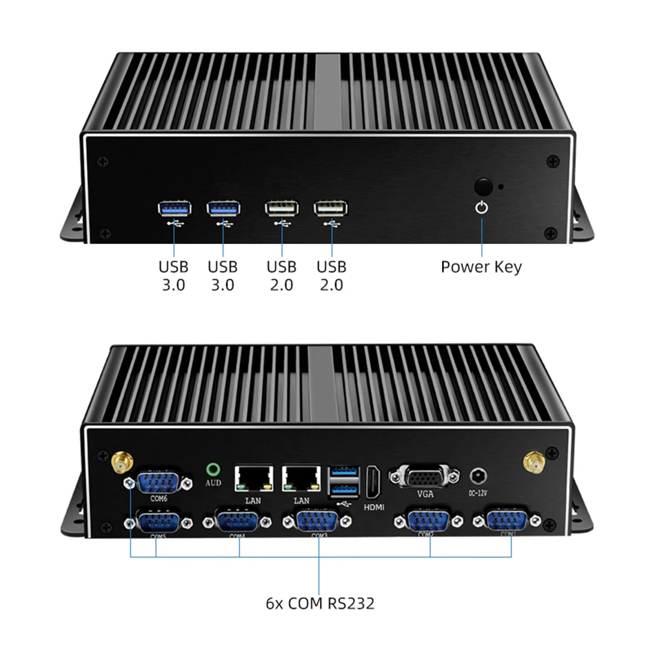 كمبيوتر صناعي بدون مروحة ، كمبيوتر صغير ، 6x COM ، RS232 ، G Ethernet ، Intel i3 ، i5 ، i7 ، 4th ، 5th Gen ، CPU ، WiFi ، 4G ، فتحة LTE ، نوافذ ، لينكس