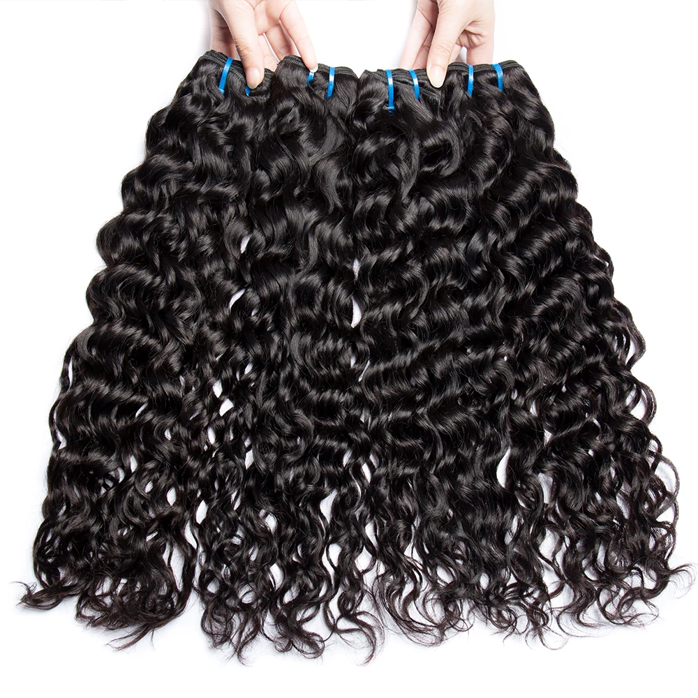 Megeen Brazilian 30 Inch Virgin Human Hair Extensions Water Wave 3/4 Bundles Double Weft Weave Hair For Women Natural Black Remy