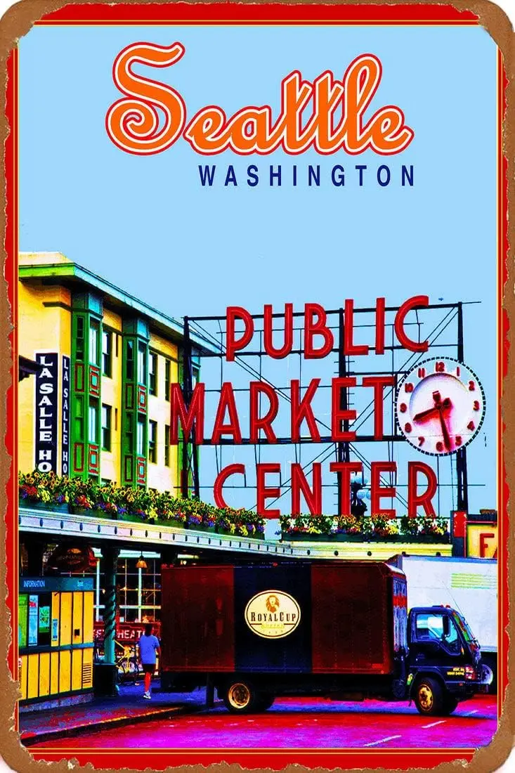 TYmall Retro Tin Wall Plaque Seattle Washington Pike Place Market United States Travel Advertisement Print Vintge Metal Pos sign