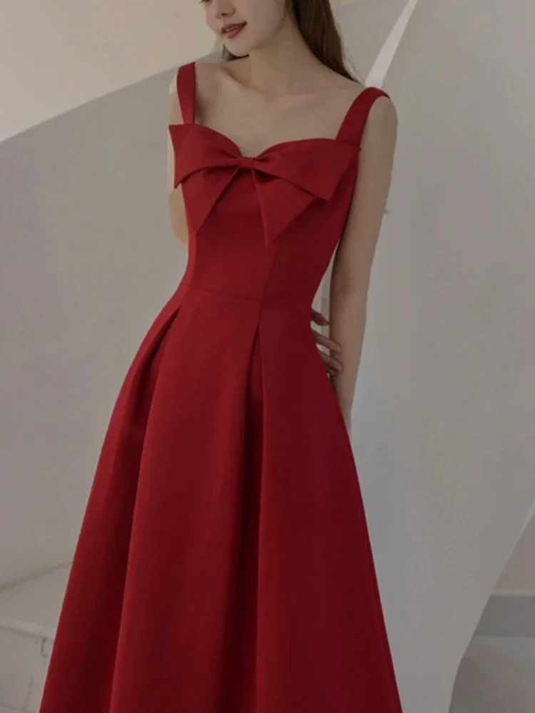 Customized Bow Design Temperament Vest Evening Dresses Pleated Slim Waist Sling Formal Dress Women Elegant Wedding Party Dress