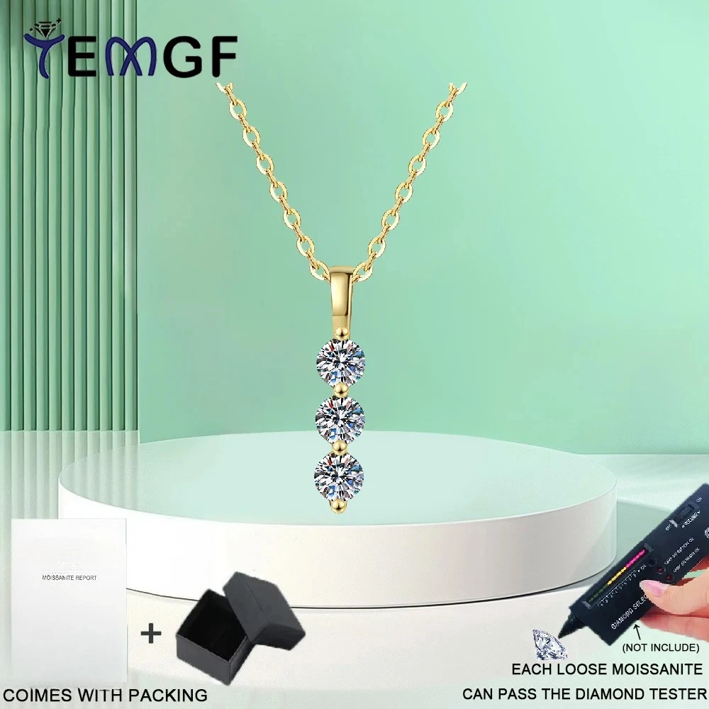 

TEMGF S925 Sterling Silver Necklace 18K Gold Plated Full 4mm D Color Moissanite Pendant for Women Fashion Simple Fine Jewelry