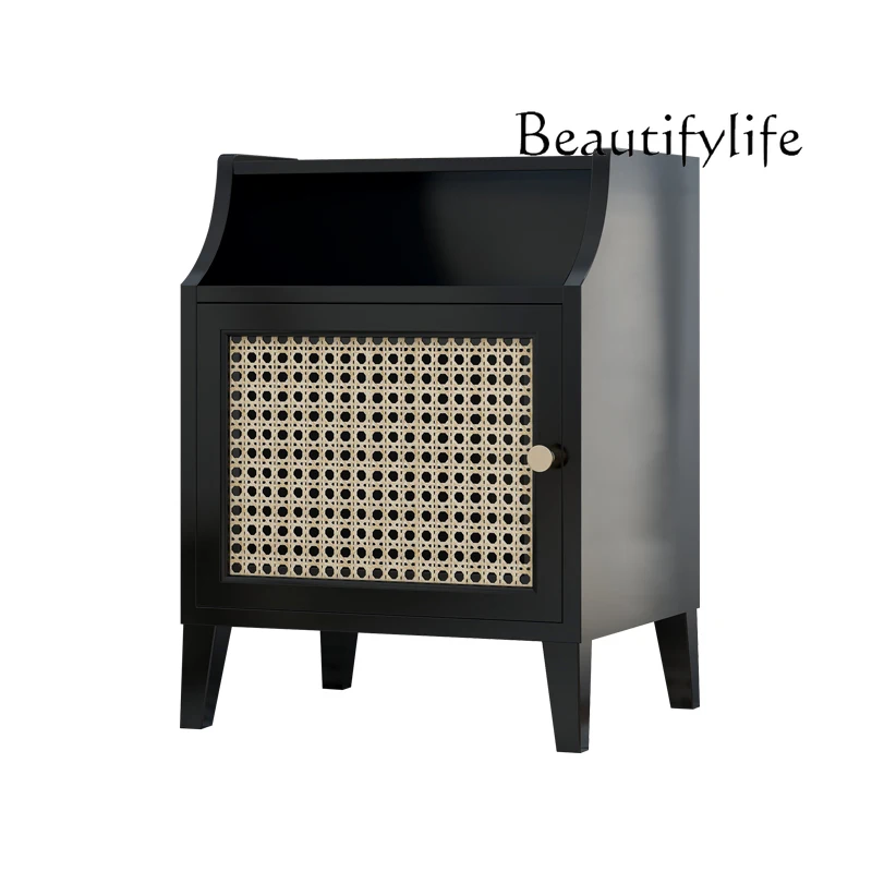 

Retro Rattan Bedside Table Classic Black Storage Mini Bedside Cabinet Living Room Sofa Side Table Table