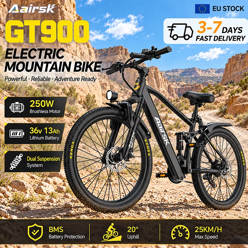 Bicicletta elettrica Aairsk GT900, 21 velocità, batteria da 36V 13Ah, blocco intelligente NFC, modello per adulti, adatta a terreni accidentati, motore da 250W, velocità massima di 25 km/h, ideale per
