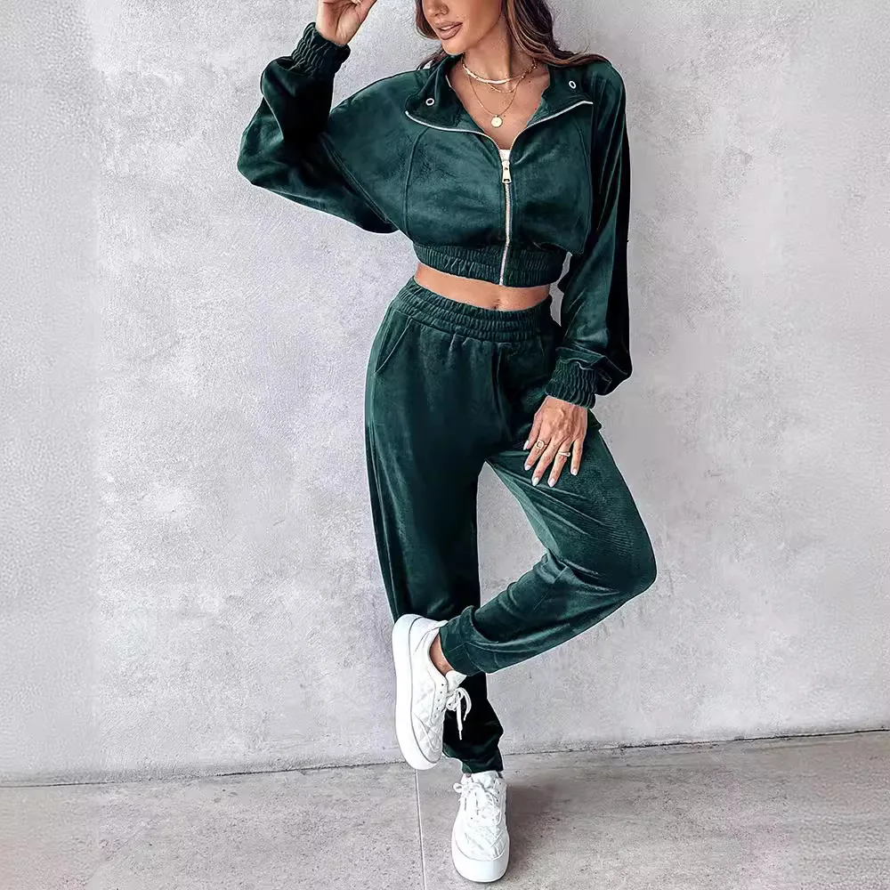 Zipper Velvet Hoodie Sweatshirt Casual Sport Pants Suit Women 2pcs Clothes Set Solid Color