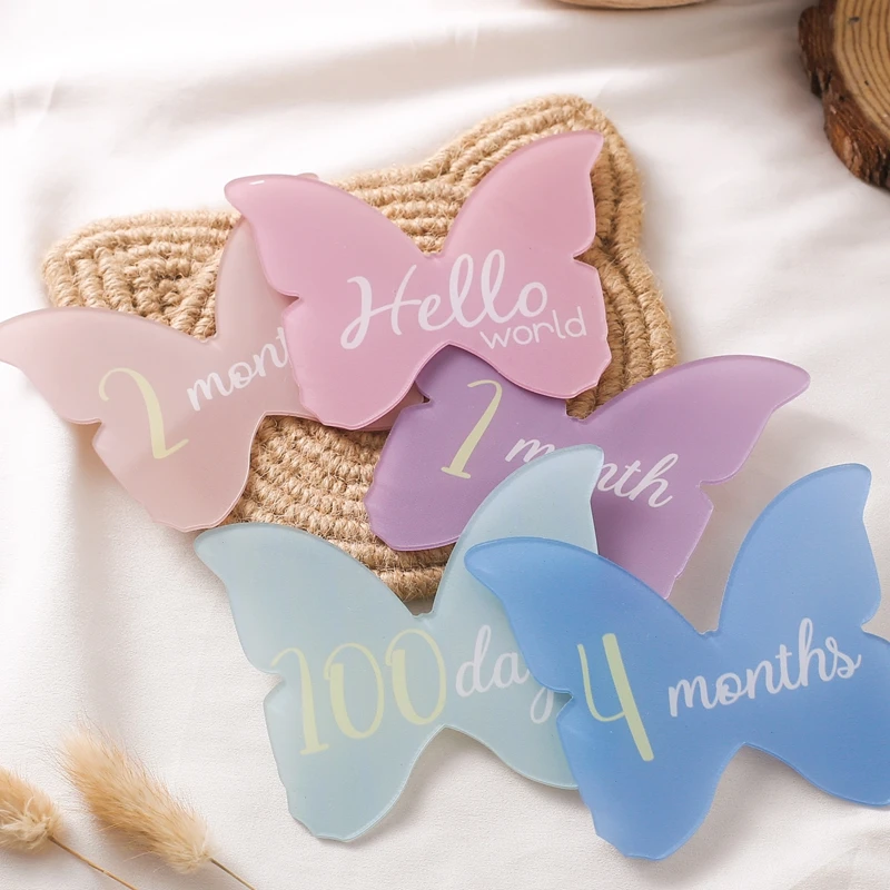 Tarjeta de hito para bebé, accesorios de fotografía para recién nacido, mariposa acrílica, 1 a 12 meses, 100 días, 1 año