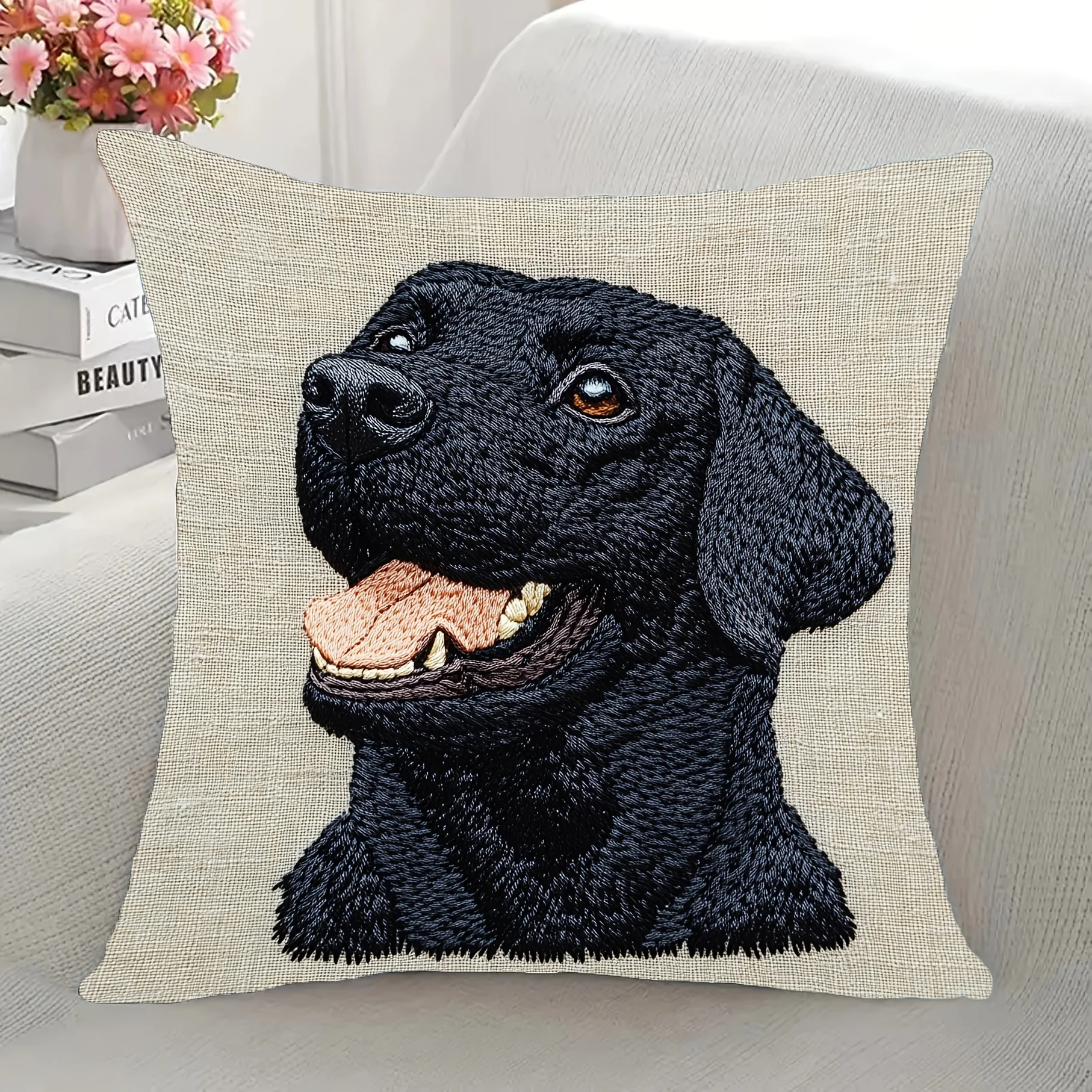 Black Labrador Printed Double-Sided Pillow Cover, 1pc Dog Animal Decorative Cushion Case for Sofa, Bedroom, Living Room Decor