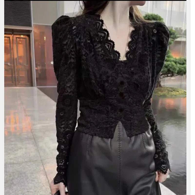 V-collar lace blouse women flared sleeves forked sleeves shirt