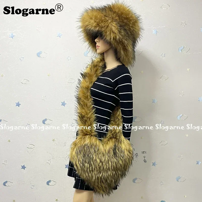 

Fluffy Faux Raccoon Dog Fur Bags Women Thick ski fur Bucket Hat Outdoor Fashion sets Furry Cap Fur Hangbags Shoulder Bags Purse