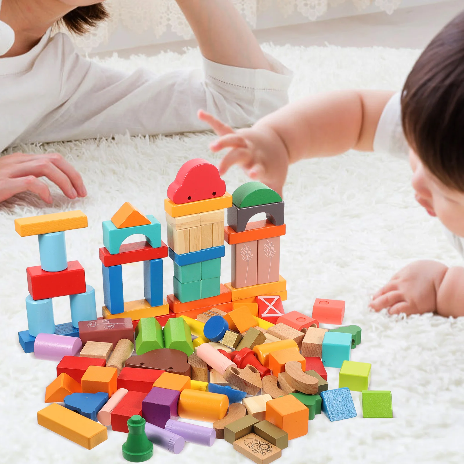 100 Pcs Educational Building Block Toys Wooden Geometric Blocks Kids Geometry Child Toddler