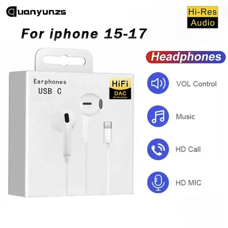 

Original In-Ear USB C Wired Headphones for Apple iphone 17 Pro Max 15 16 Plus Type C Earphone for Samsung Xiaomi Bass Earbuds
