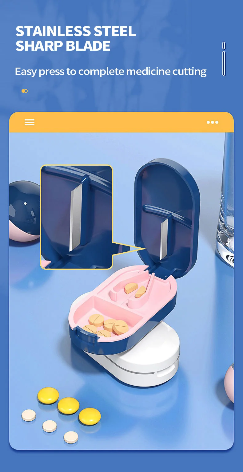 Tragbarer Pillenteiler 2-in-1 Pillendose mit Edelstahlklinge, geeignet zum Schneiden von Vitamin- und Tabletten in 1/2 und 1/4 Stück. – Detail 4