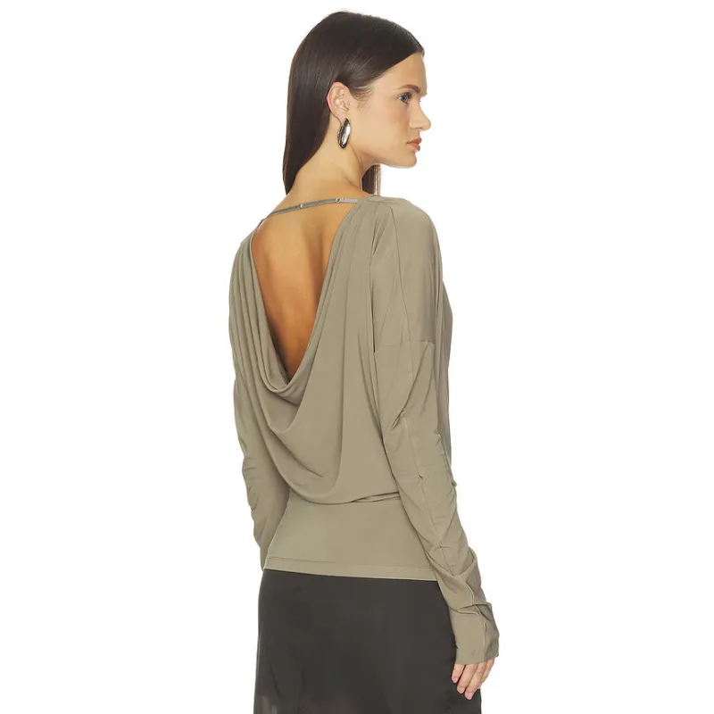 Cowl Neck Long Sleeve Top Reversible Backless Draped Blouse Loose Dolman Sleeve Y2K Casual Shirt