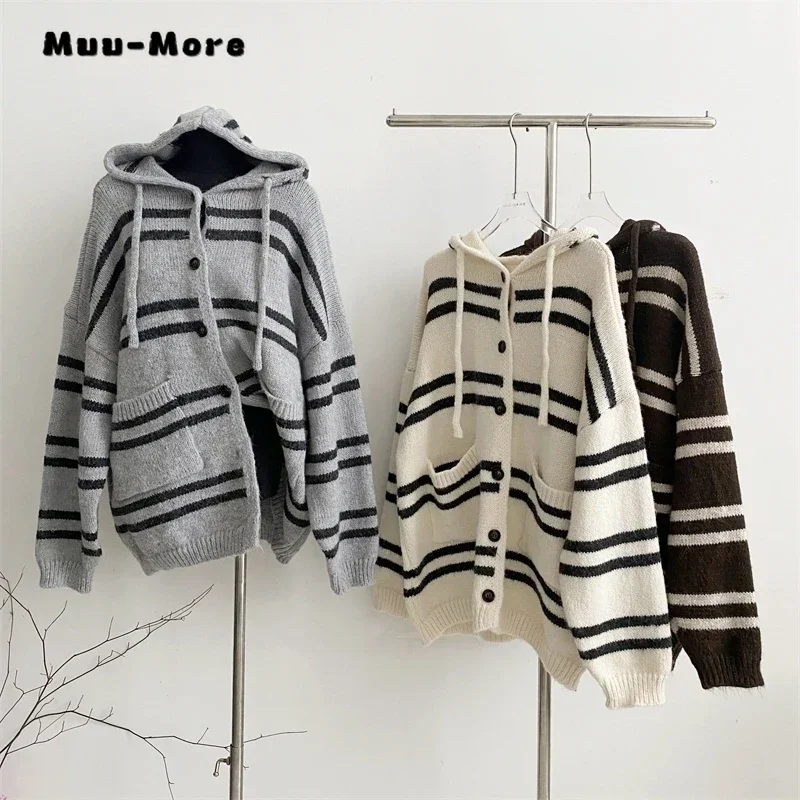 

Women Vintage Striped Pockets Knitting Long Sleeve Hooded Cardigans 2023 Winter Fashion Loose Casual Single Breasted Sweater