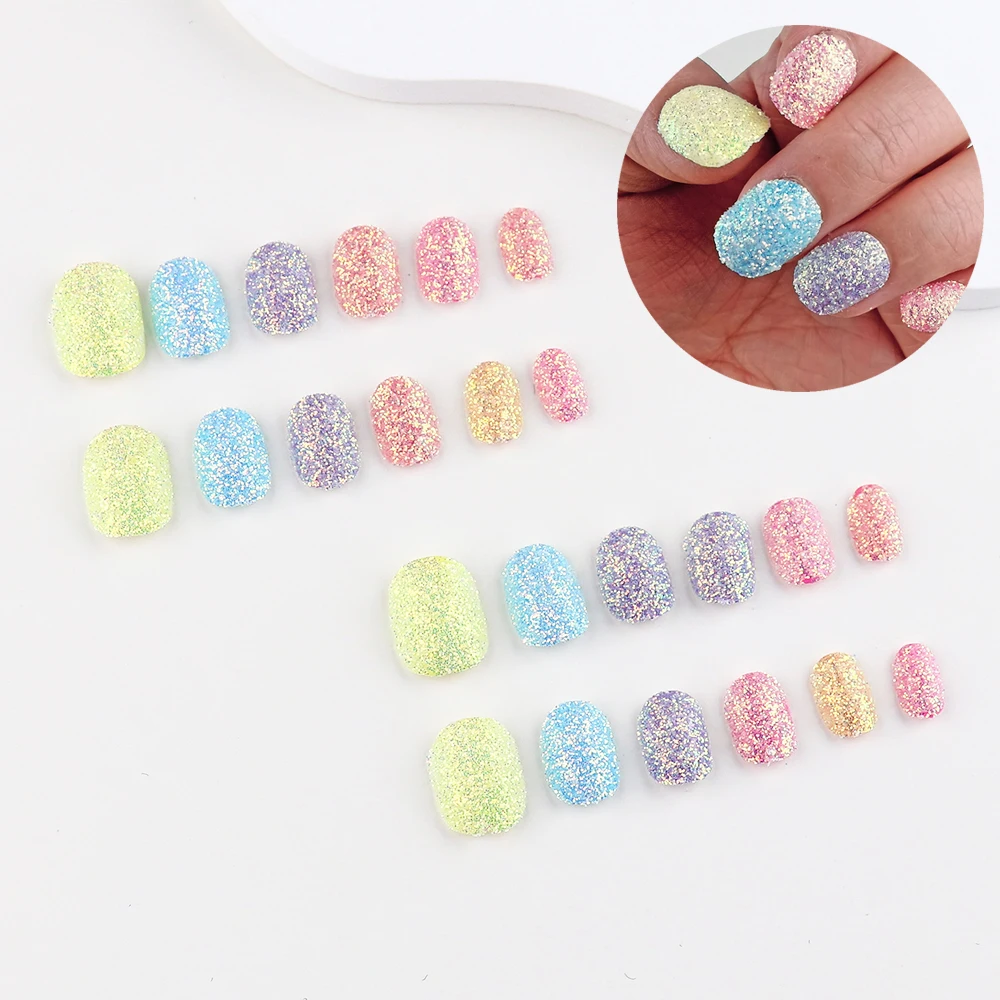

24 Pcs Holographic False Nail Art Tips Pre-glue Sparkling Glitter Kids Press on Nails Short Oval Full Cover Fake Nails for Girl