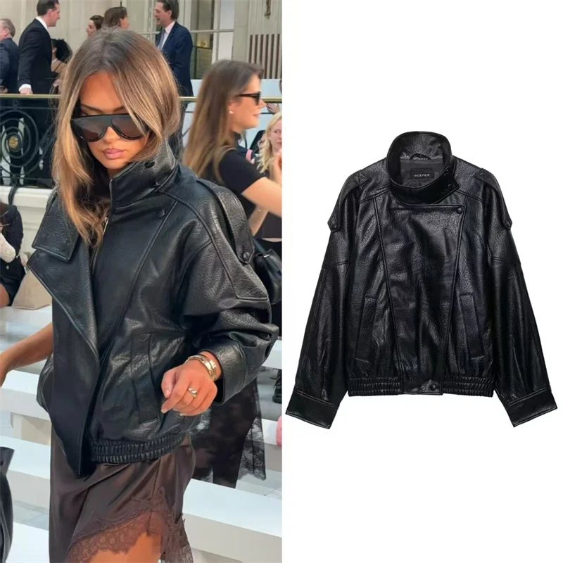 

Women's Jacket 2025 Autumn New Style Black Long-Sleeve Faux Leather High-Neck Biker Style Jacket Trendy and Fashionable Hot Sale
