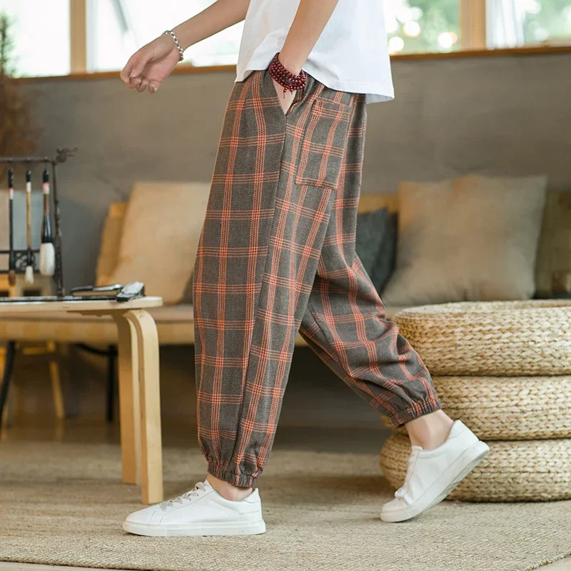 Pop Men Harajuku หลวม Harem กางเกงผู้ชายฤดูร้อน Lattice กางเกงชายหาด Joggers กางเกงชายวินเทจสไตล์จีนกางเกง