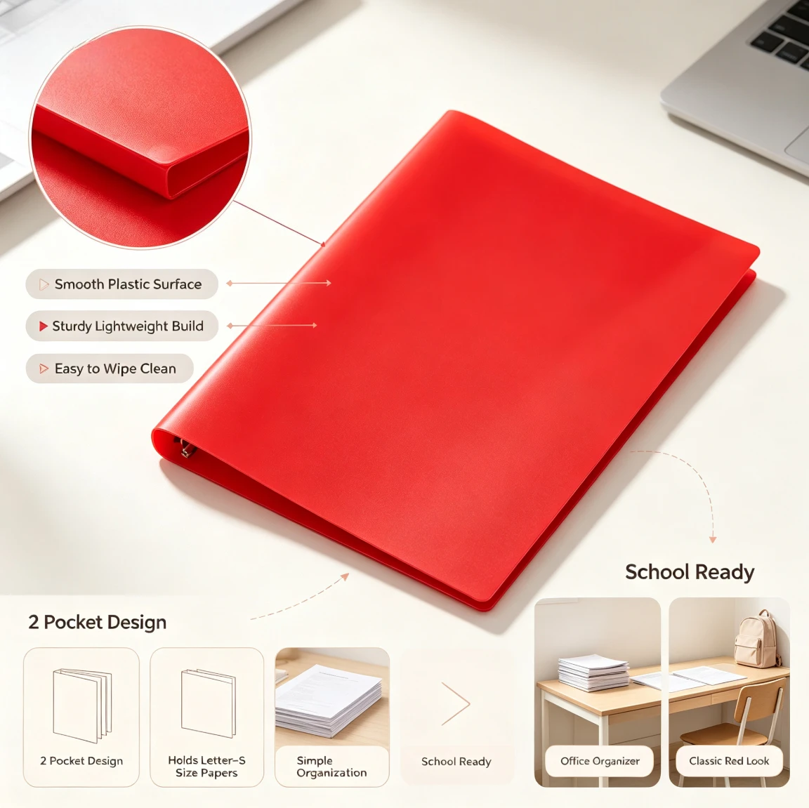 **2 Pockets Paper Folder, Red Document Organizer Folder for School, Office, Homework, Class Notes and Letter-Size Paper Organization**