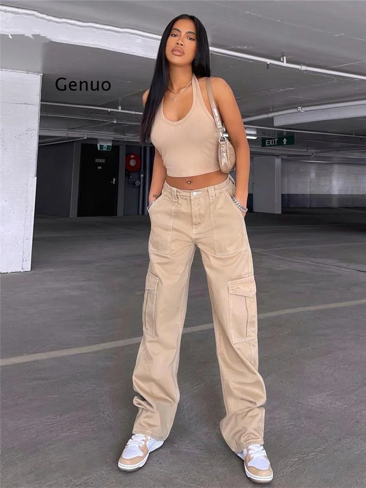 

Vintage Khaki Wide Leg Cargo Jeans High Waist Big Pockets Baggy Denim Trousers Casual Oversized Pants Street Sweatpants