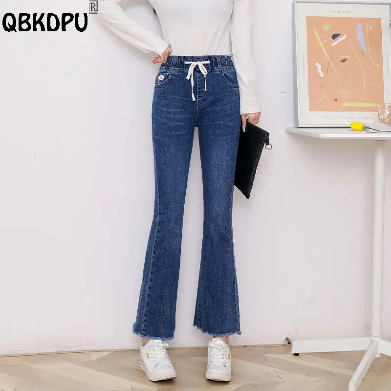 Celana jins wanita pinggang tinggi, celana Denim ramping kasual, celana Bell-Bottoms, Skinny, pinggang tinggi, renda, panjang pergelangan kaki, Mode Korea