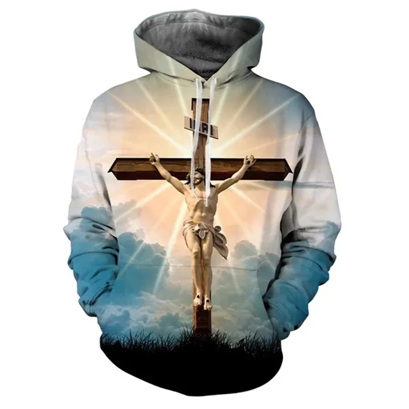 Christian Jesus Cross Graphic 3D Print Hoodies Men Women Hooded Sweatshirts Oversized Pullovers Y2k Tracksuit Tops Male Clothing