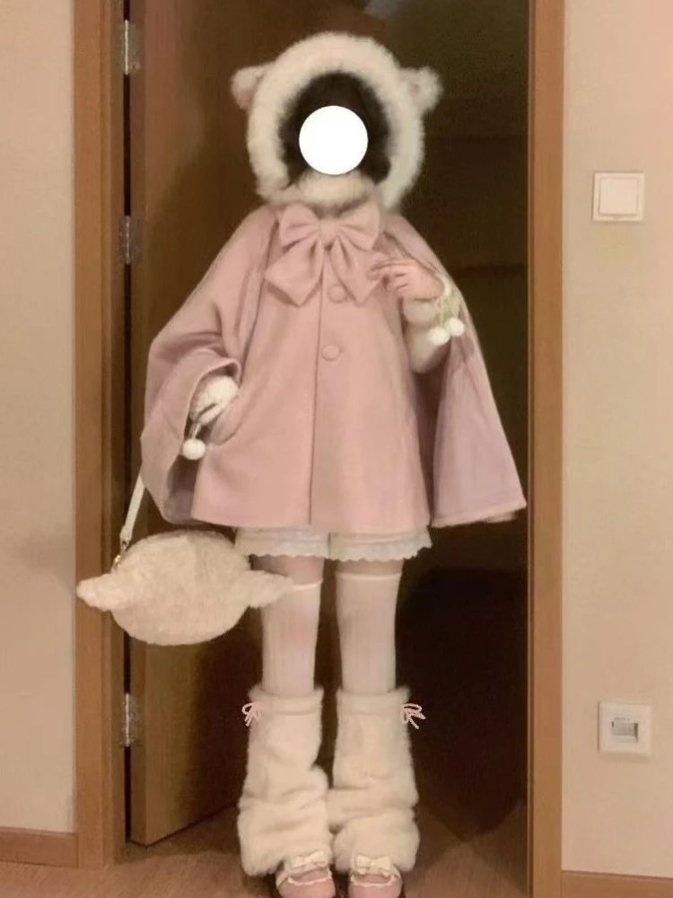 

Новый японский милый плащ в стиле Лолиты с капюшоном, женские дизайнерские однобортные пальто Harajuku Kawaii Y2k, эстетичная однотонная куртка с бантом