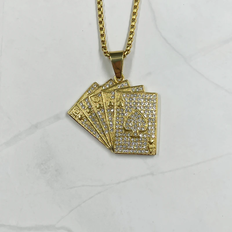 Men Statement Poker Lucky Ace of Spades Pendant Necklace Red Black Gold Color Stainless Steel Jewelry Fortune Playing Cards