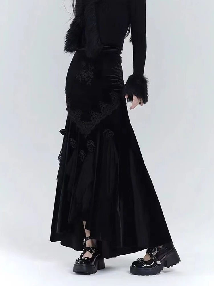 Black Elegant Long Skirt Women Irregular Lace Patchwork 3D Floral Mermaid Skirts Y2K Gothic Streetwear Slim Autumn Winter Skirt