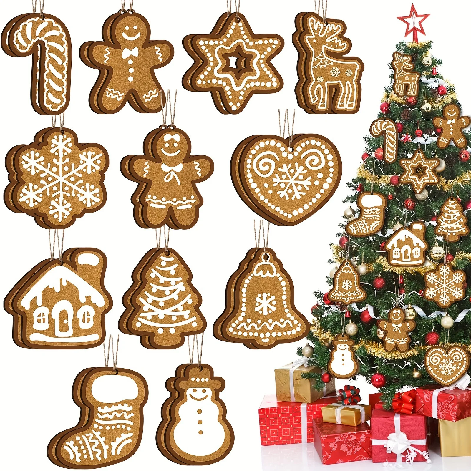 12/24pcs Christmas Gingerbread Man Kraft Paper Gift Tags snowflake Elk Shape Tag Label Xmas Tree Hanging Ornament 2024 Navidad