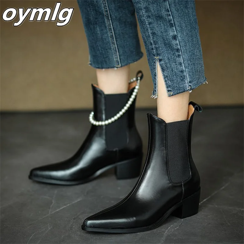 Pointed toe thick heel fashion short boots women's popular autumn and winter new fashion  boots chain middle heel boots