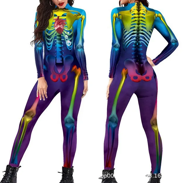 Damen 3D-gedruckter Skelett-Catsuit Jumpsuit Sexy Cosplay-Kostüm für Halloween-Party Modischer Cosplayer Aerial Yoga Bodysuit – Detail 14