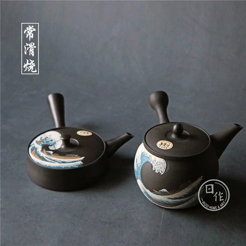 Japanese Imported Changsha Burning Stone Dragon Hand-Made Black Mud Urgent Need Kanagawa Surfing Side Handle Teapot