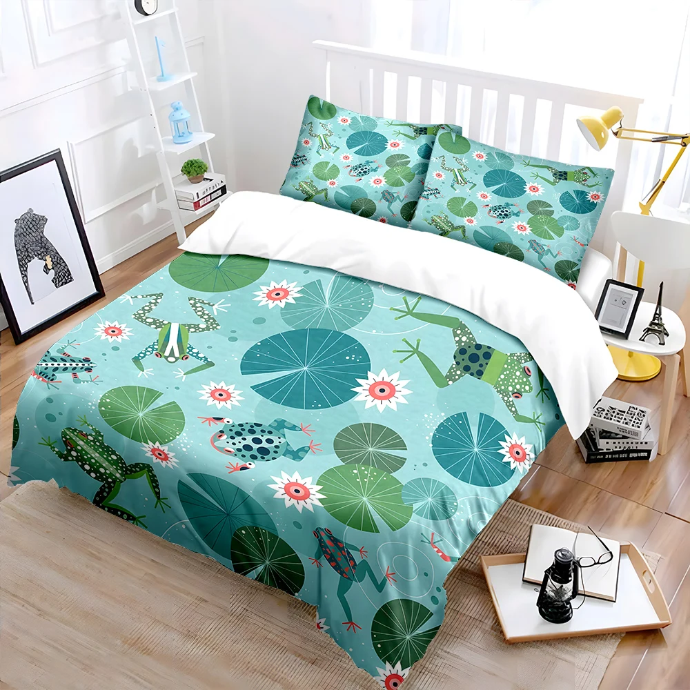 Frogs playing in the lotus leaves Bedding Set for Kids Luxury Gift 3pcs Digital Print Comforter Set Soft Comfortable Breathable